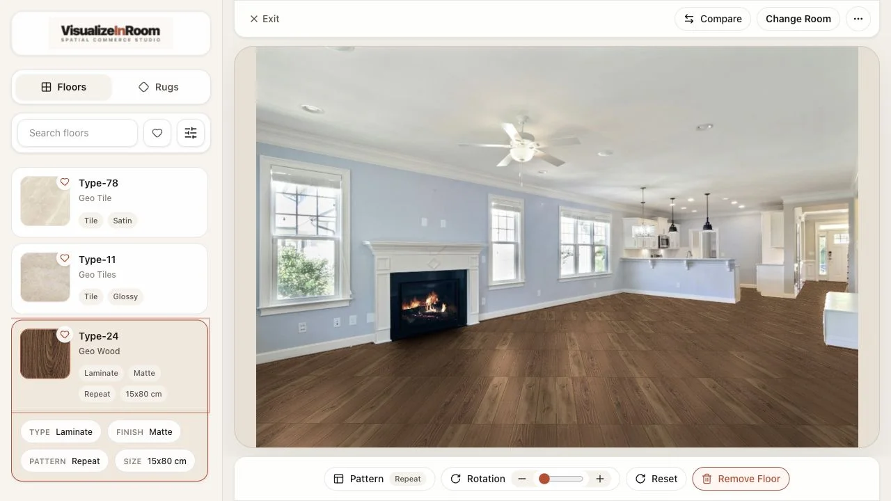 Floor visualizer workspace showing a selected wood finish in a room