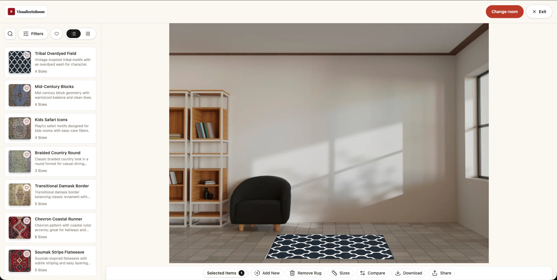 Visualizer interface showing in-room product preview