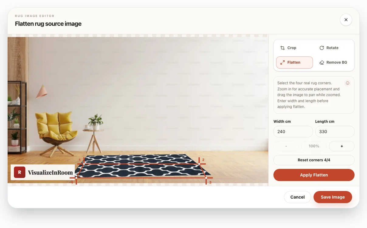 Studio rug flattening editor with corner controls
